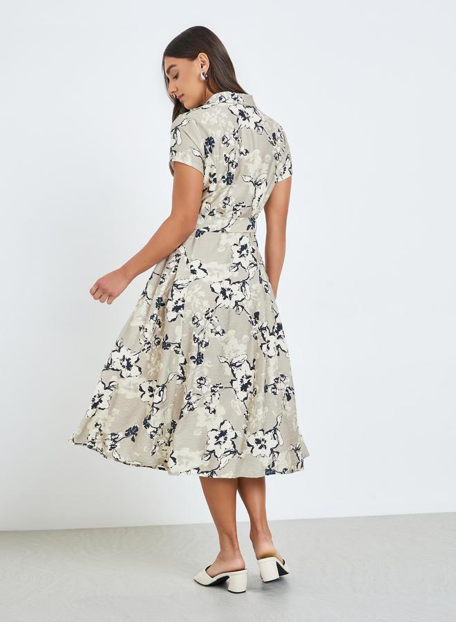 Styli Women Beige Floral Short Sleeves Shirt Midi Dress - Image 4